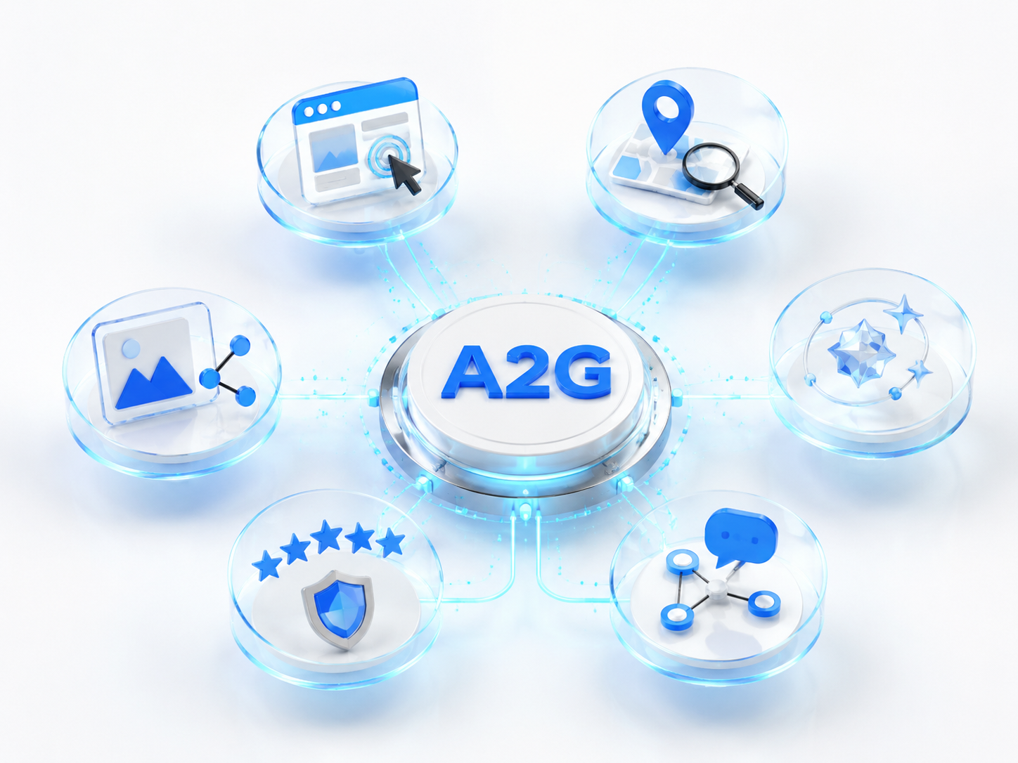 A2G Growth Engine connecting websites, local search, AI discovery, CRM follow-up, reputation, and content
